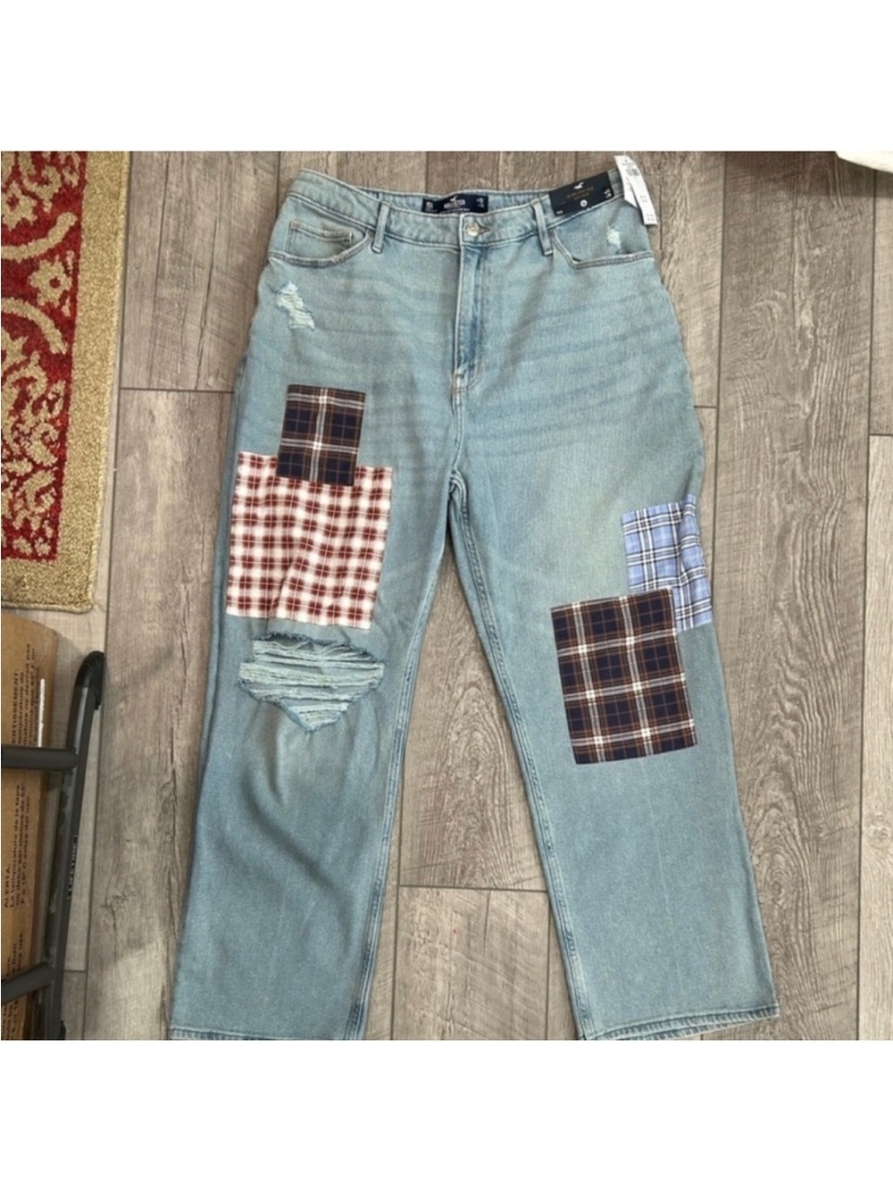 Hollister Light Blue Denim Boyfriend Jeans with Plaid Patchwork
